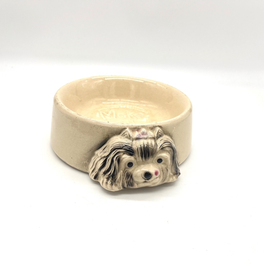 Vintage Ceramic Dog Bowl 3D Face Make All Gone Beige Stoneware